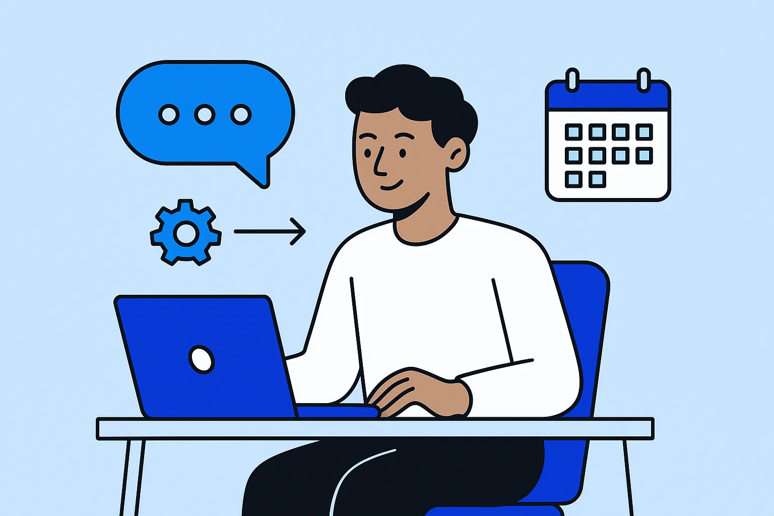 A flat illustration of a person at a laptop with a chat bubble and calendar icon