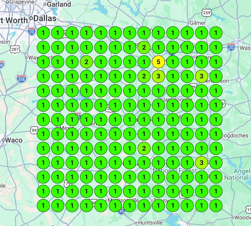 A local rank-tracking grid showing the client ranked number one across nearly every point in a wide service area