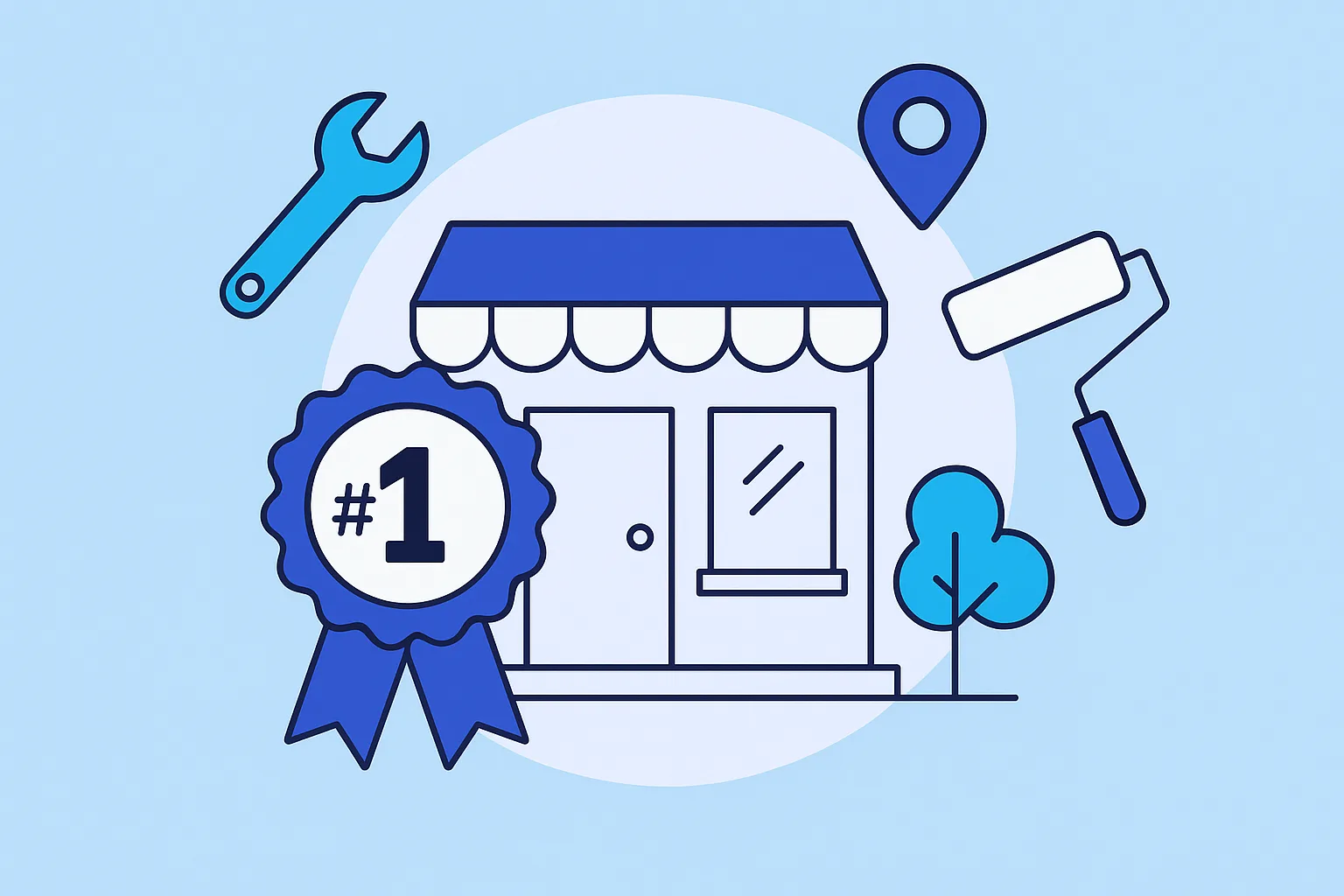 A flat illustration of a storefront with a number-one badge, surrounded by trade tool icons