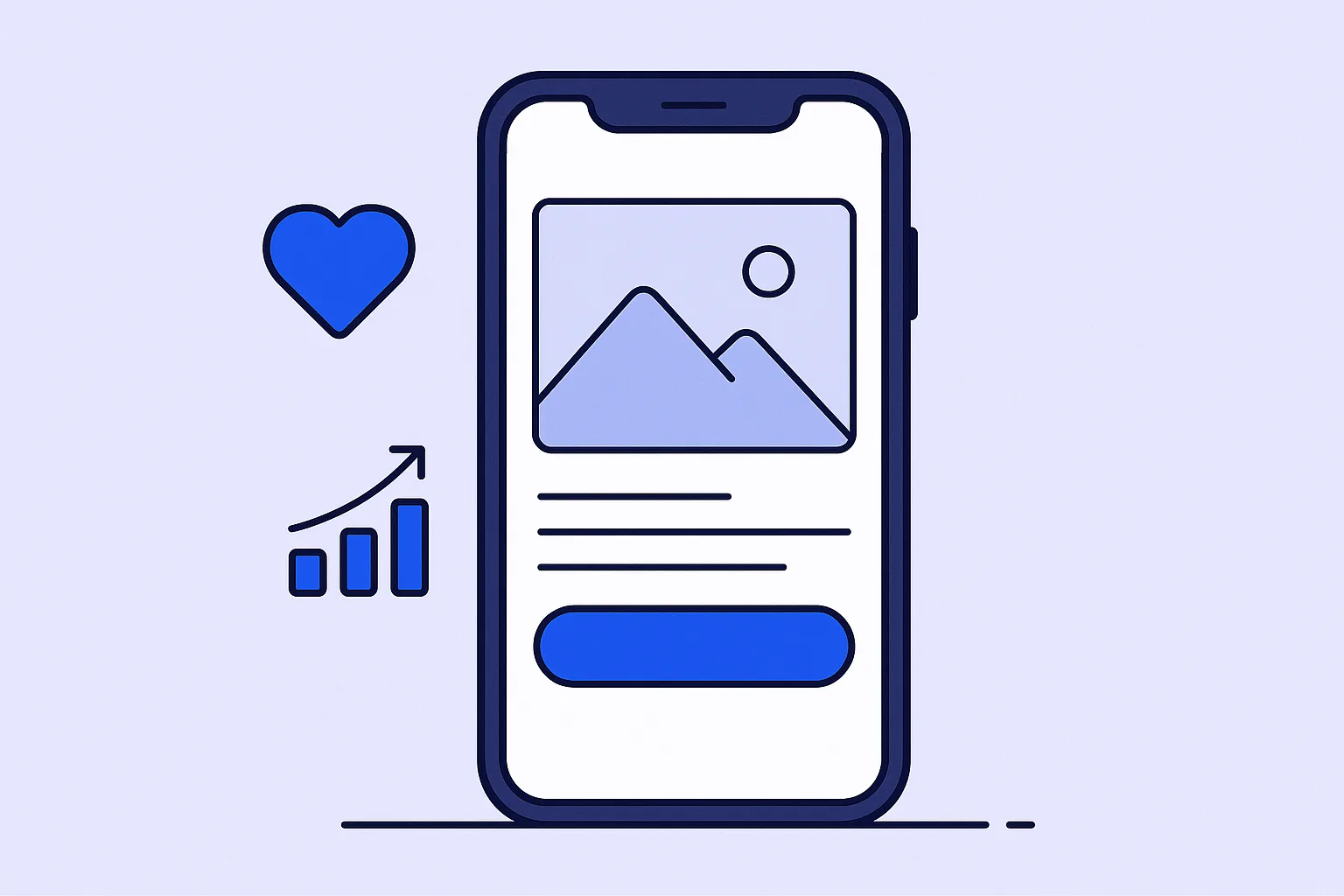 A flat illustration of a phone showing a social ad card with a like icon and a chart