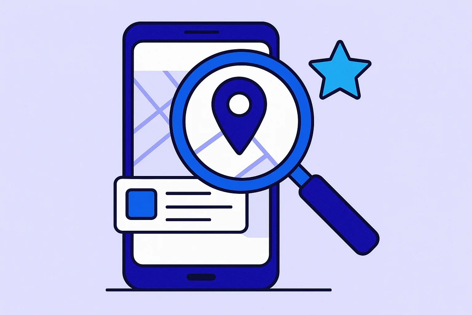 A flat illustration of a magnifying glass over a phone showing a local map search result