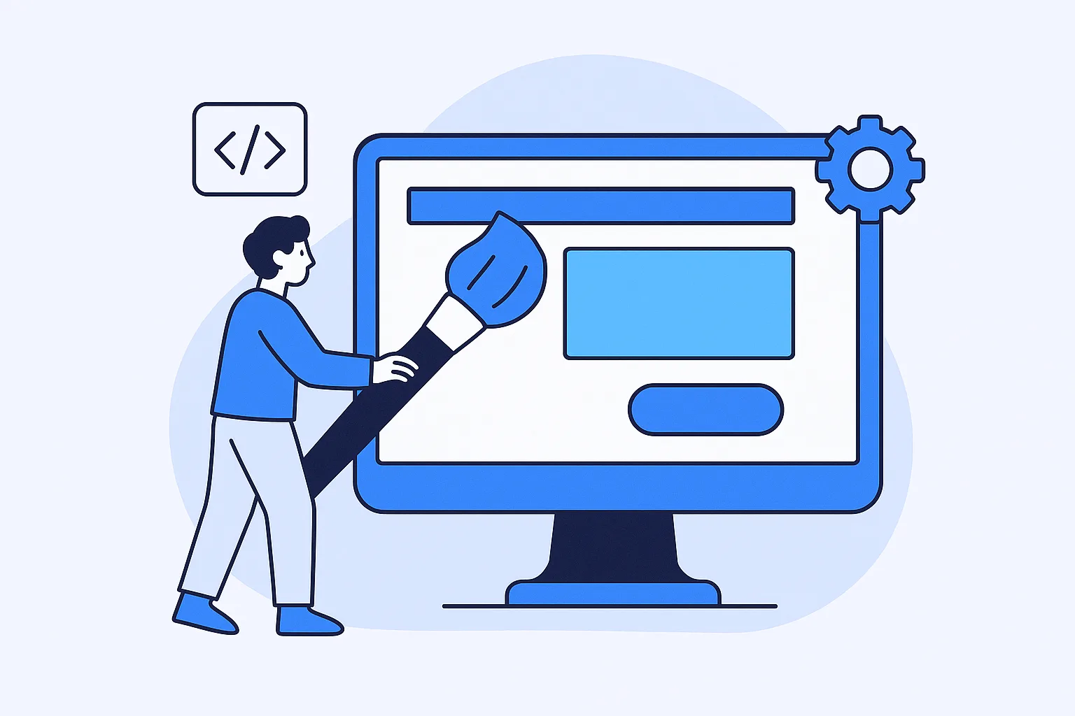 A flat illustration of a person painting a website layout onto a large monitor